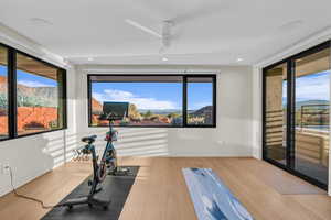Exercise area featuring wood finished floors, healthy amount of natural light, a ceiling fan, and recessed lighting
