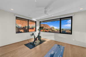 Workout room with wood finished floors, a ceiling fan, and recessed lighting