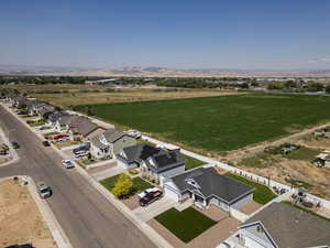 Aerial view of residential area with a mountain backdrop