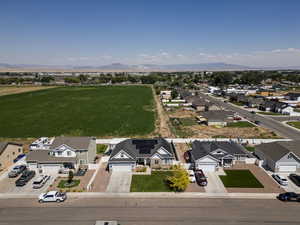Aerial view of residential area with mountains