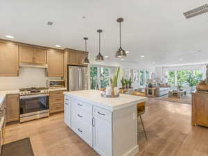 Kitchen featuring stainless steel appliances, a breakfast bar area, recessed lighting, light wood finished floors, and light countertops