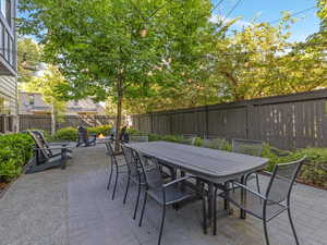 Fenced backyard with an outdoor fire pit, a patio, and outdoor dining space