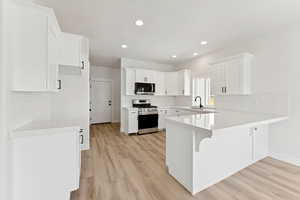Kitchen with backsplash, a peninsula, appliances with stainless steel finishes, light wood-style flooring, and white cabinets