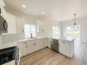 Kitchen featuring white cabinets, stainless steel appliances, backsplash, a peninsula, and light wood-style flooring