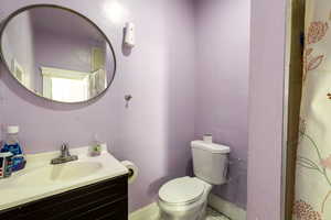 Full bathroom featuring vanity and curtained shower