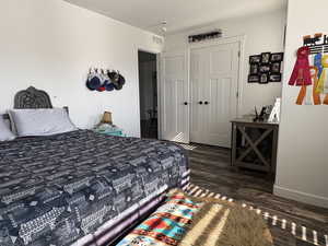 Bedroom featuring wood finished floors and a closet