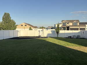 Fenced backyard featuring a residential view