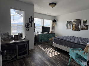 Bedroom featuring dark wood-style flooring and baseboards