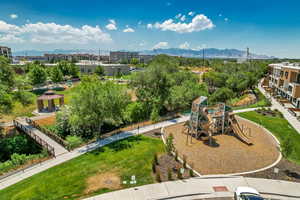 Bird's eye view of mountains and a community park