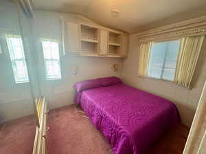 Bedroom with lofted ceiling and carpet flooring