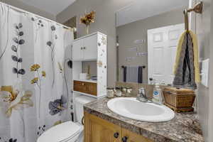 Full bathroom featuring vanity and a shower with shower curtain