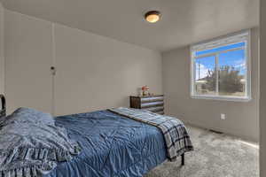 Bedroom with carpet floors and baseboards