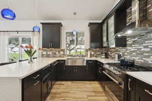 Kitchen with wall chimney range hood, stainless steel appliances, light wood-type flooring, a peninsula, and decorative backsplash