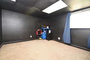 Recreation room featuring carpet flooring and a paneled ceiling
