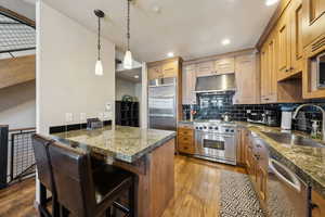 Kitchen with backsplash, high quality appliances, under cabinet range hood, a breakfast bar, and a peninsula