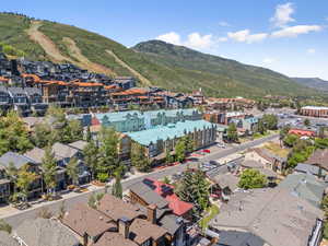 Aerial view of residential area featuring a mountain backdrop