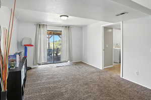 Spare room with washer / clothes dryer, carpet flooring, and a textured ceiling