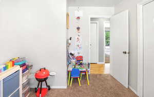 Game room with carpet floors