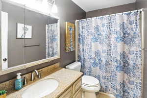 Full bathroom featuring vanity and curtained shower