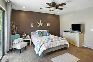 Bedroom featuring carpet floors, recessed lighting, and ceiling fan