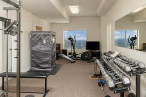 Workout area with carpet flooring and baseboards