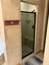 Full bath featuring a shower stall and tile patterned flooring