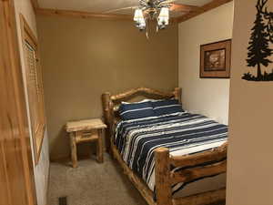 Bedroom with carpet flooring and ceiling fan