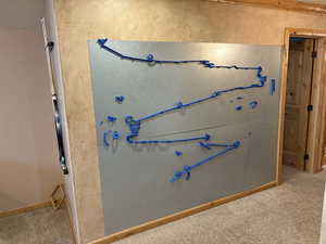 Detailed view of carpet flooring and baseboards