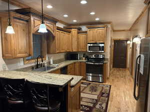 Kitchen with a peninsula, appliances with stainless steel finishes, light wood-style flooring, ornamental molding, and pendant lighting