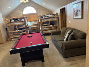 Game room with pool table, vaulted ceiling, carpet, and recessed lighting