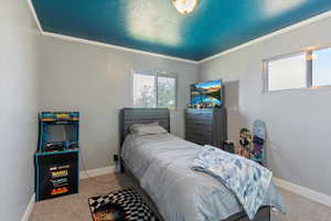 Carpeted bedroom featuring crown molding and a textured ceiling