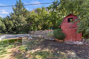 View of yard featuring a trampoline and a shed