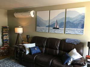Living room with a mountain view, an AC wall unit, and wood finished floors