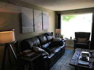 Living area featuring a wall mounted AC and wood finished floors