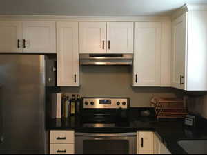 Kitchen featuring stainless steel appliances, dark countertops, under cabinet range hood, and white cabinets