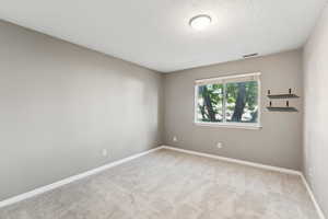 Unfurnished room featuring carpet flooring and a textured ceiling