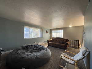Carpeted living area featuring a textured ceiling and baseboards