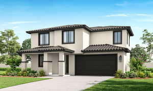Mediterranean / spanish-style home featuring an attached garage, concrete driveway, stucco siding, and a tiled roof