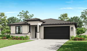 View of front of property featuring stucco siding, brick siding, a tiled roof, and an attached garage