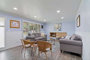 Living area featuring a wainscoted wall, crown molding, wood finished floors, and recessed lighting