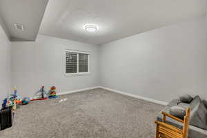 Game room featuring carpet floors and a textured ceiling