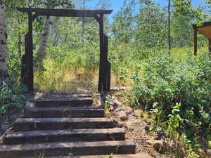 Staircase featuring a wooded view