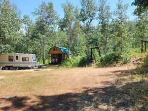 View of yard with a storage shed and a wooded view