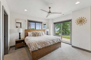 Bedroom with access to exterior, recessed lighting, carpet floors, and ceiling fan