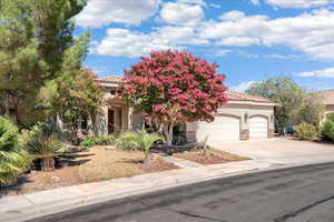 View of front of home with a tiled roof, an attached garage, driveway, and stone siding