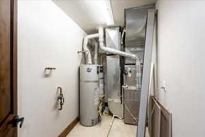 Utility room featuring secured water heater and heating unit