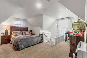 Carpeted bedroom with lofted ceiling