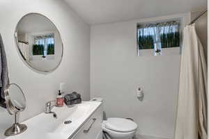Full bath featuring vanity and a shower with shower curtain