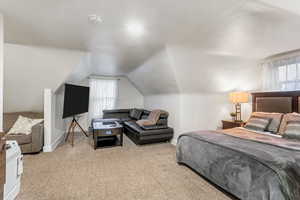 Bedroom with carpet floors and lofted ceiling