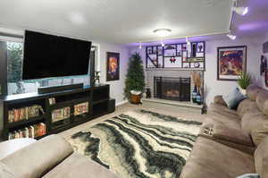 Living room featuring a brick fireplace, carpet flooring, a textured ceiling, and track lighting